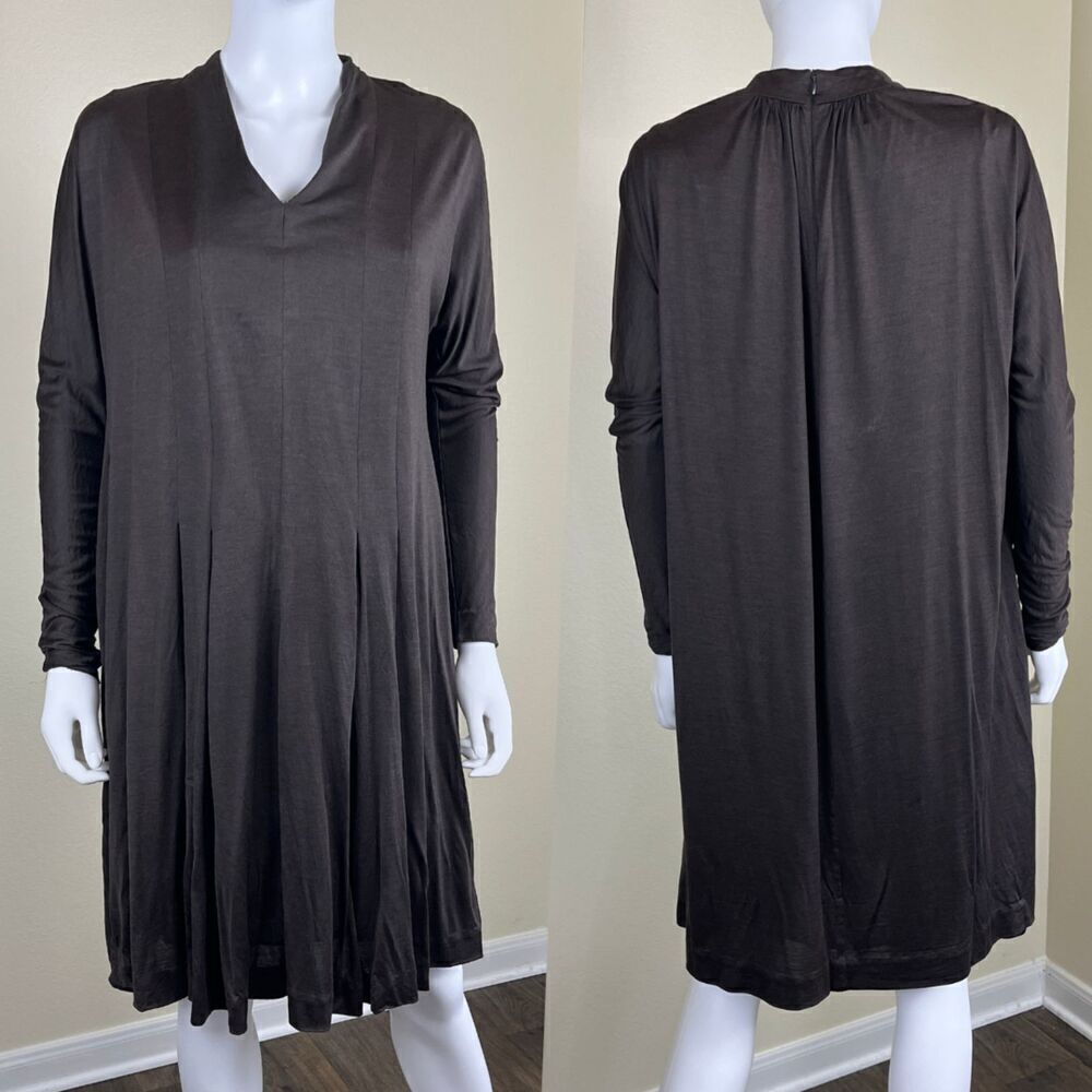 AKRIS Bergdorf Goodman Womens Size S Brown Silk Pleated Shift Mini Dress Minimal